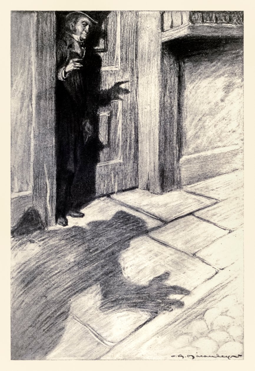 Pan Utterson si byl vědom zvláštního, lehkého kroku blížícího se“ z „Podivného případu doktora Jekylla a pana Hyda“ od Roberta Louise Stevensona (1850–1894) ilustrovaného Charlesem Raymondem Macauleym (1871–1934) od Charles Raymond Macauley