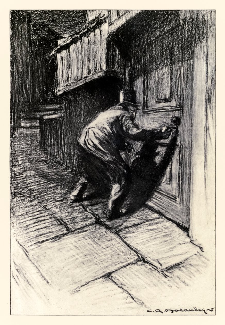 Frontispis The Door z filmu Podivný případ doktora Jekylla a pana Hyda od Roberta Louise Stevensona (1850-1894) ilustrovaný Charlesem Raymondem Macauleyem (1871-1934) od Charles Raymond Macauley