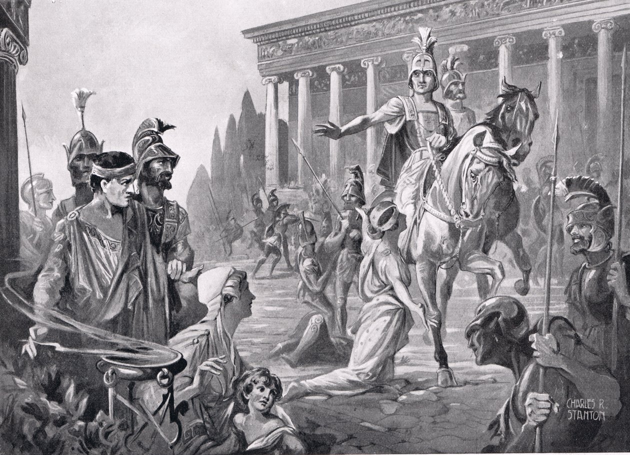 Alexandr při plenění Théb v roce 335 př. n. l., ilustrace z knihy "Hutchinson