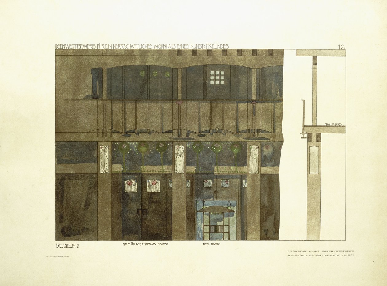 Vstupní hala, kolem roku 1901 (barevná litografie) od Charles Rennie (after) Mackintosh