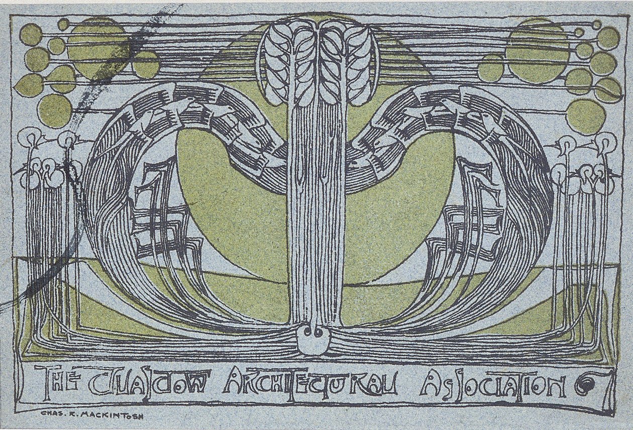 Program Conversazione pro Glasgow Architectural Association, 1894 (linoryt tištěný černobíle na světle modrém papíře) od Charles Rennie Mackintosh