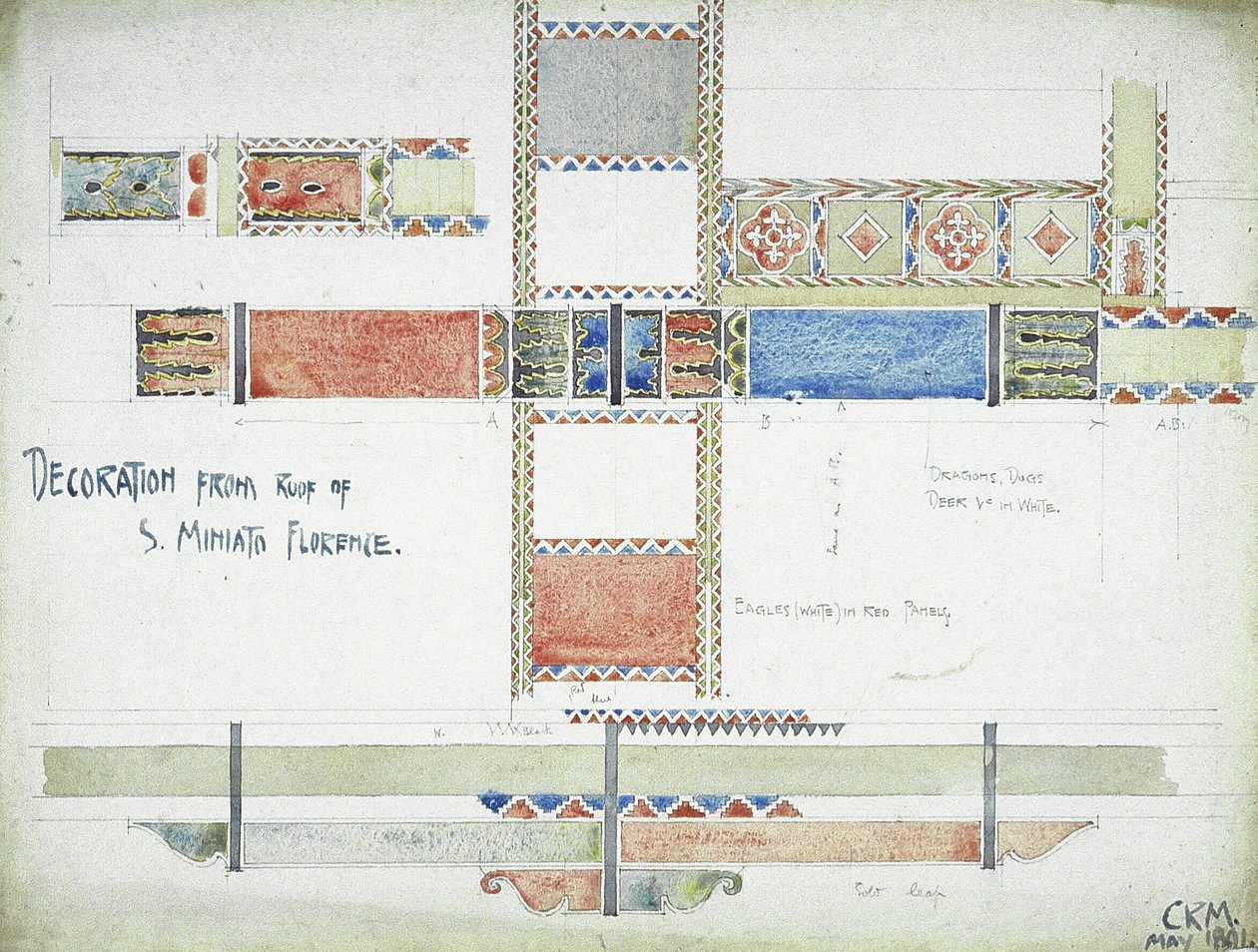 Dekorace ze střechy S. Miniato, Florencie, 1891 (tužka a akvarel na papíře) od Charles Rennie Mackintosh