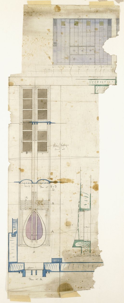 Návrh šatní skříně, zobrazený v nárysu, s detaily dekorativního panelu v poloviční velikosti, 1904 od Charles Rennie Mackintosh
