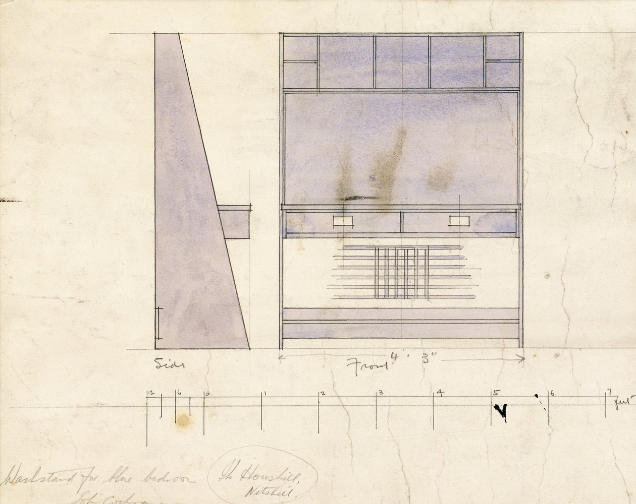 Design pro umyvadlo, zobrazen v bočním a předním pohledu, 1904 od Charles Rennie Mackintosh