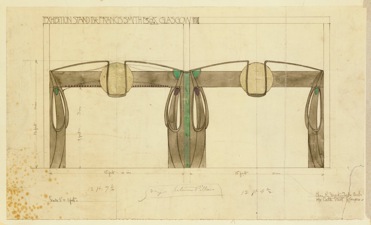 Návrh výstavního stánku pro Francise Smithe, použitý na výstavě v Glasgow, zobrazený v nadmořské výšce, 1901 od Charles Rennie Mackintosh