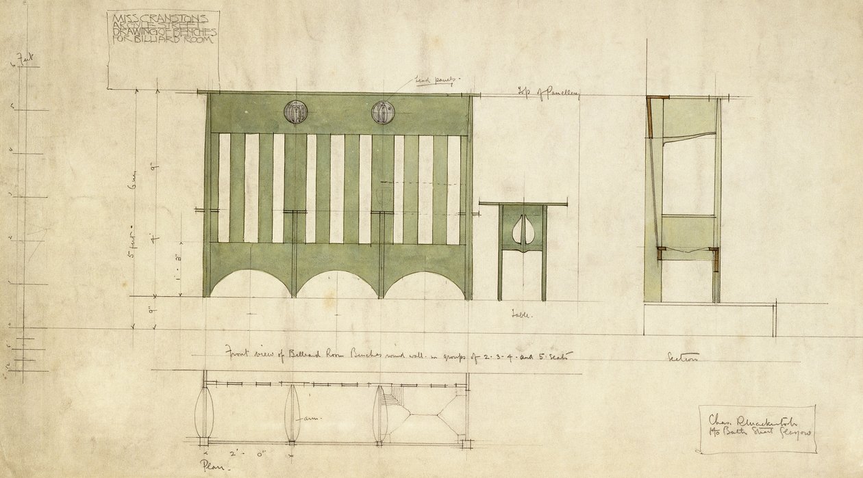 Provedení pro lavice a stůl, znázorněné v půdorysu a řezu od Charles Rennie Mackintosh