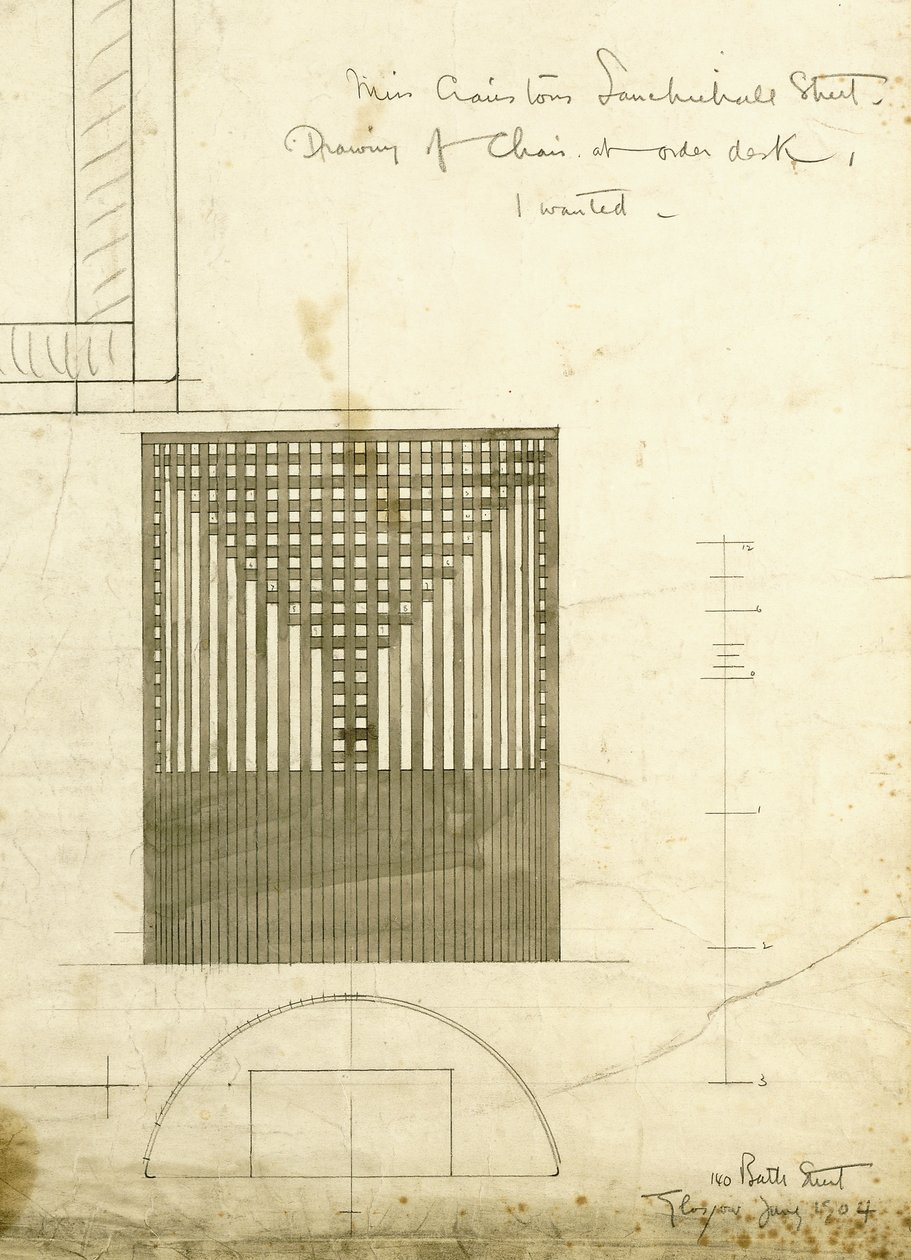 Návrh židle Order Desk Chair, zobrazený v nárysu a půdorysu, 1904 od Charles Rennie Mackintosh