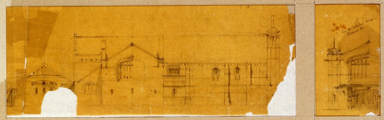 Návrh fasády kostela zobrazený v nárysu a vedlejší návrh pro vstup do kostela, zobrazený v nárysu, kolem 1895-99 od Charles Rennie Mackintosh
