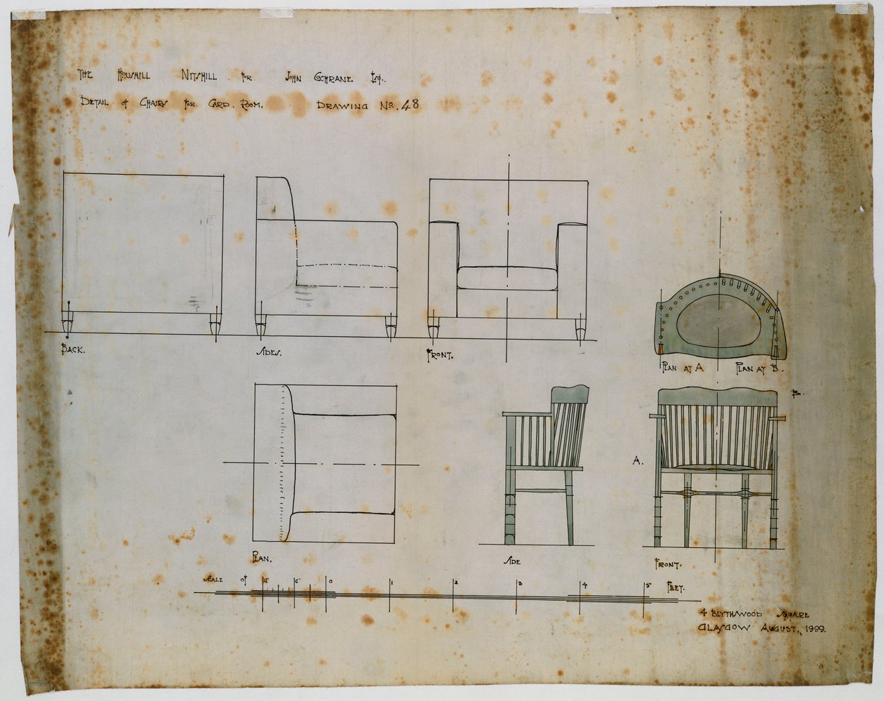 Návrhy čalouněné židle a vřetenové židle zobrazené v nárysu a plánech od Charles Rennie Mackintosh