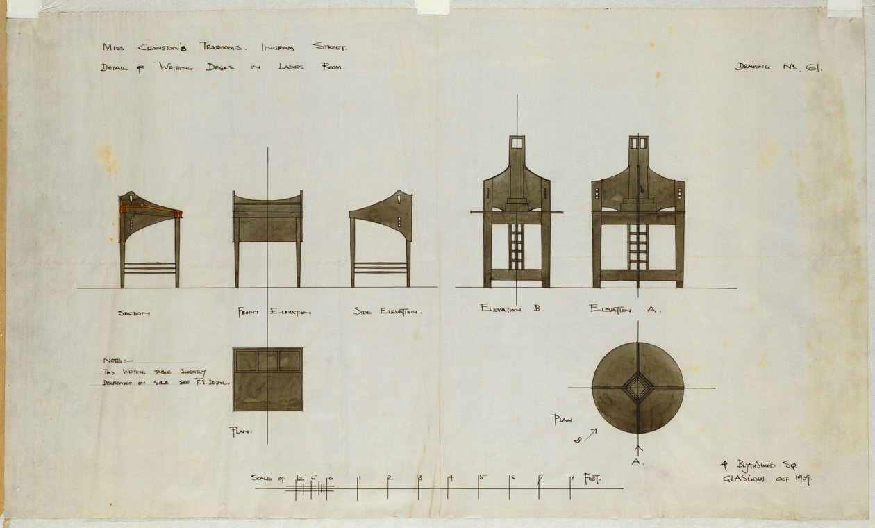 Návrhy psacích stolů zobrazené v předních a bočních pohledech pro čajovny Ingram Street, 1909 od Charles Rennie Mackintosh