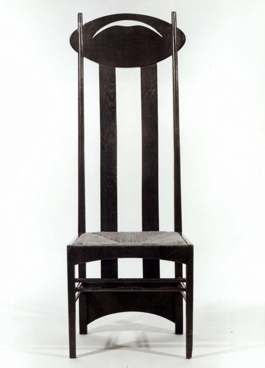 Židle s vysokým opěradlem, kolem roku 1897 (tmavě mořený dub se sedákem a děrovanými oválnými zábradlími) od Charles Rennie Mackintosh