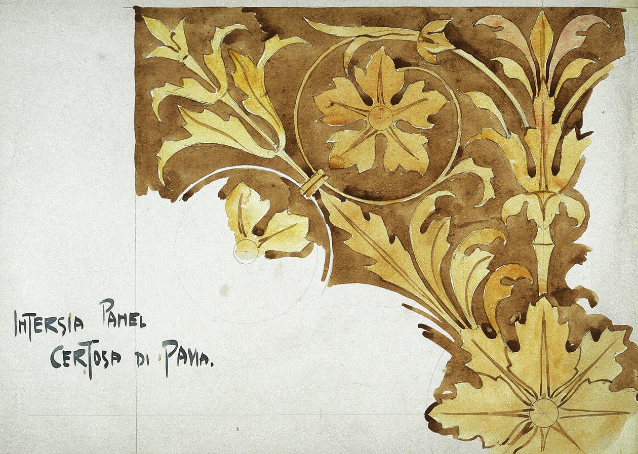 Intarsia Panel, Certosa di Pavia, 1891 (tužka a akvarel na papíře) od Charles Rennie Mackintosh