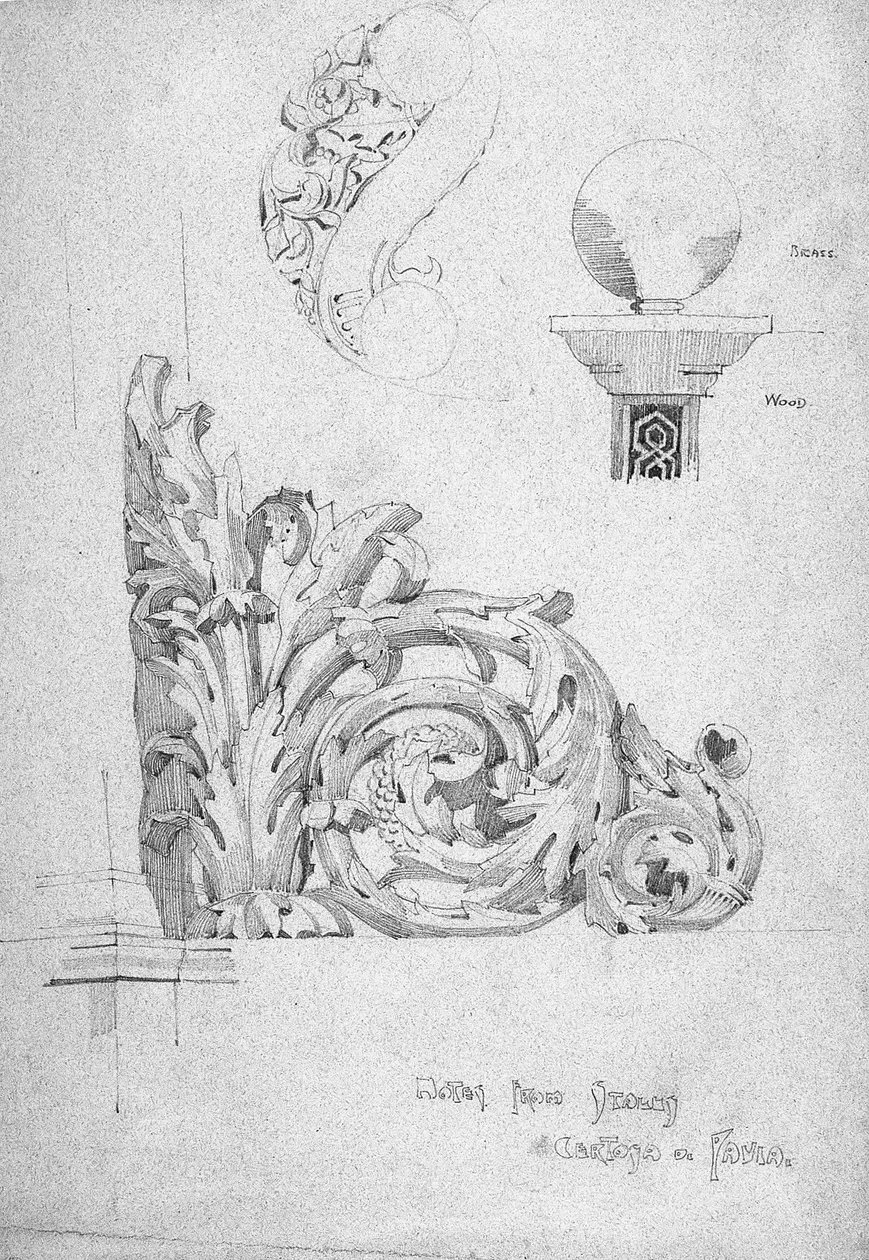 Zápisky z Itálie [šest], Certosa di Pavia, 1891 (tužka na modrém papíře) od Charles Rennie Mackintosh