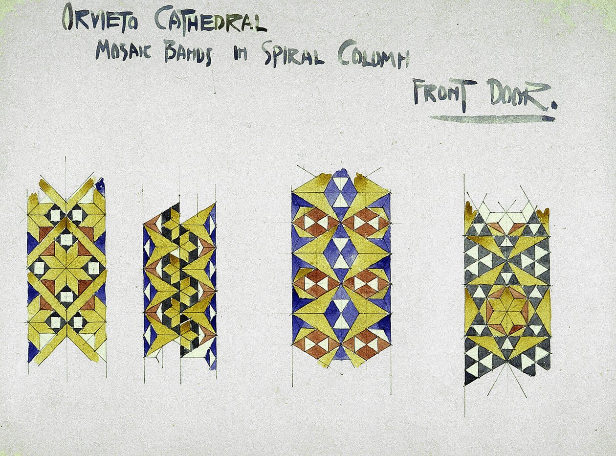 Katedrála Orvieto, mozaikové pásy ve spirálovém sloupu, přední dveře, 1891 (tužka a akvarel na papíře) od Charles Rennie Mackintosh