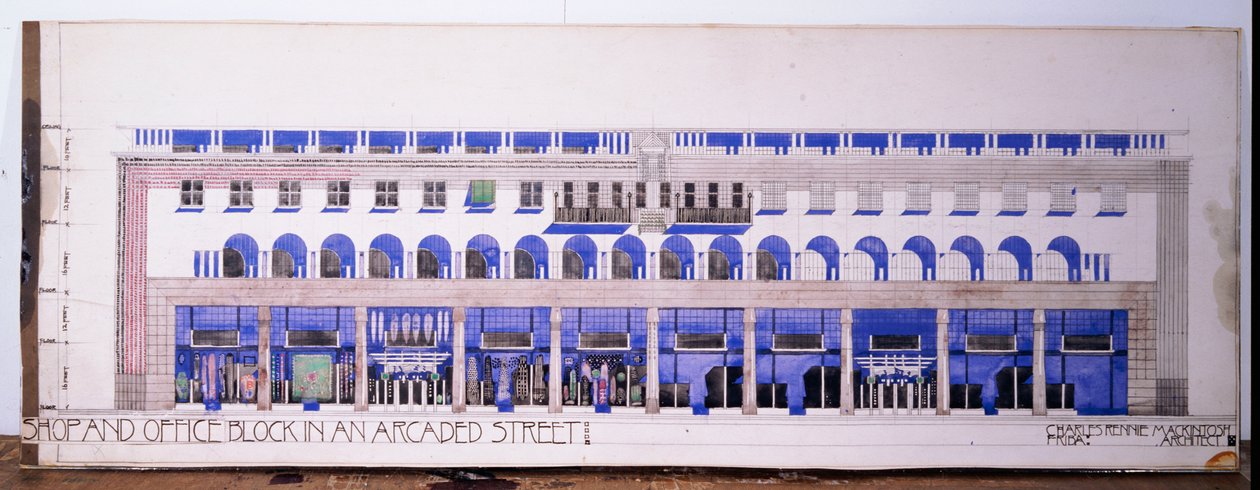 Dříve nezaznamenané architektonické nákresy pro obchod a arkádovou ulici, kolem roku 1915 od Charles Rennie Mackintosh