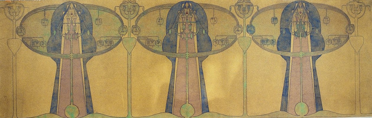 Dekorativní vlys stylizovaných lidských postav, stromových a rostlinných forem, kolem roku 1895 (tužka a akvarel na šedém uměleckém papíře) od Charles Rennie Mackintosh