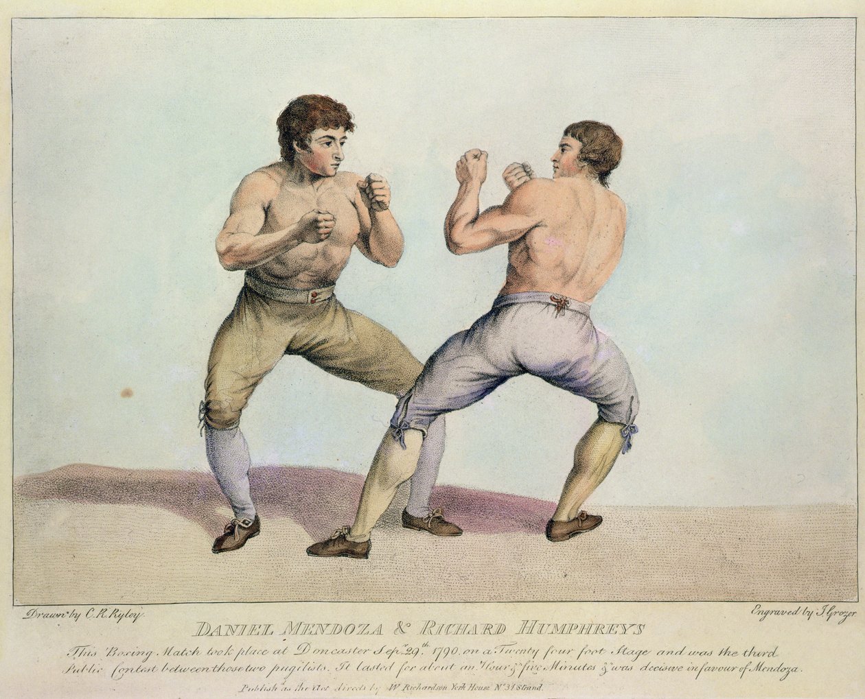 Boxerský zápas mezi Danielem Mendozou a Richardem Humphreysem, 29. září 1790 (ručně kolorovaný lept) od Charles Reuben Ryley