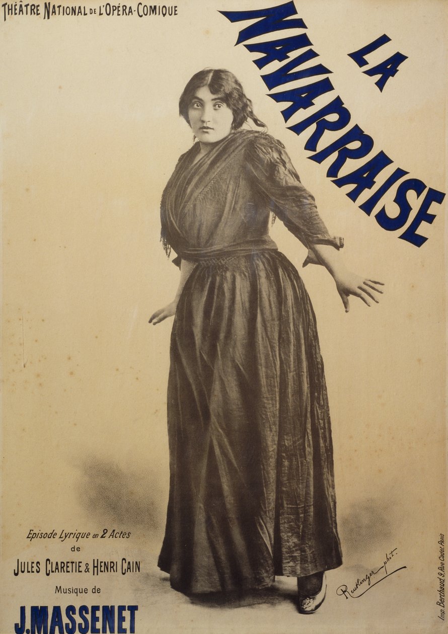 Plakát pro Navarraise, opera, libreto Jules Claretie a Henri Cain, hudba Jean Massenet, provedení Emma Calve, Plakát pro Opera-Comique v Paříži od Charles Reutlinger