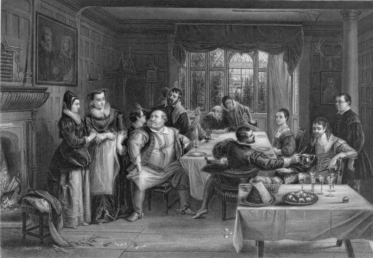 Falstaff a jeho přátelé, rytina Williama Greatbacha (nar. 1802) (rytina) od Charles Robert (after) Leslie