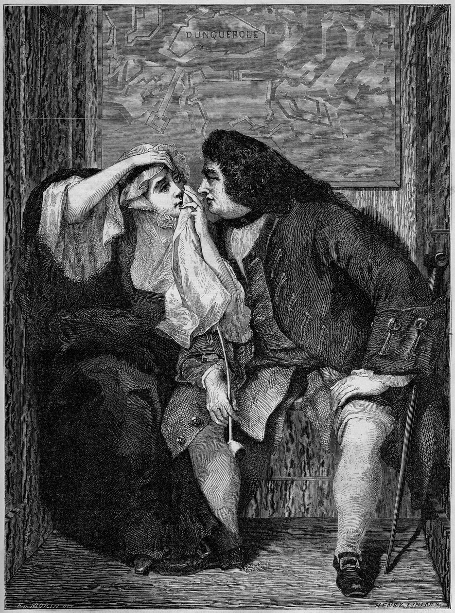 Ilustrace románu Laurence Sterna „Život a názory Tristrama Shandyho, Gentleman“ (1713-1768): Strýček Toby a vdova Wadman. Z obrazu Charlese Roberta Leslieho (1794-1859) na výstavě v Manchesteru. Gravírování v „“Le Monde Illustré““ od Charles Robert (after) Leslie