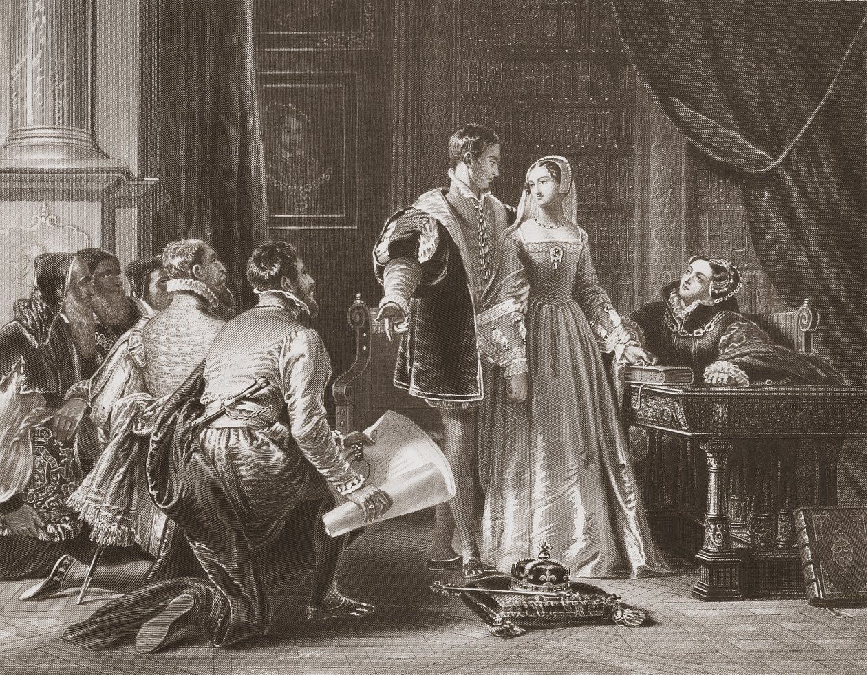 Neochota lady Jane Greyové přijmout korunu, vyrytou A.H. Paynem (litho) od Charles Robert (after) Leslie
