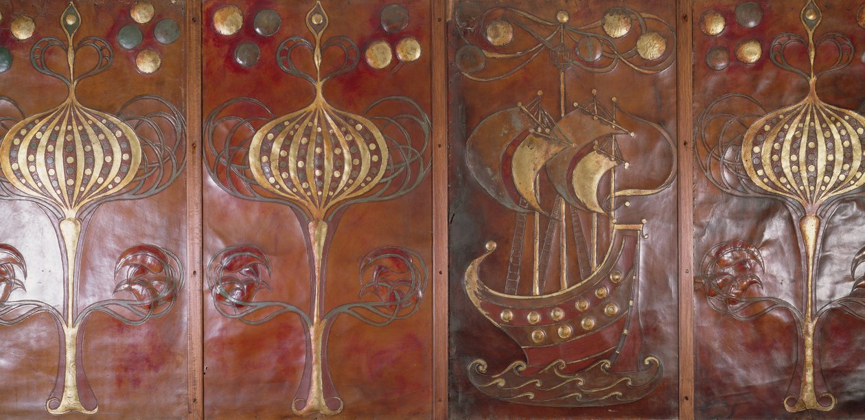 Reliéfní, malované a zlacené kožené panely, vyrobené Guild of Handicraft, 1892 (kůže) od Charles Robert Ashbee