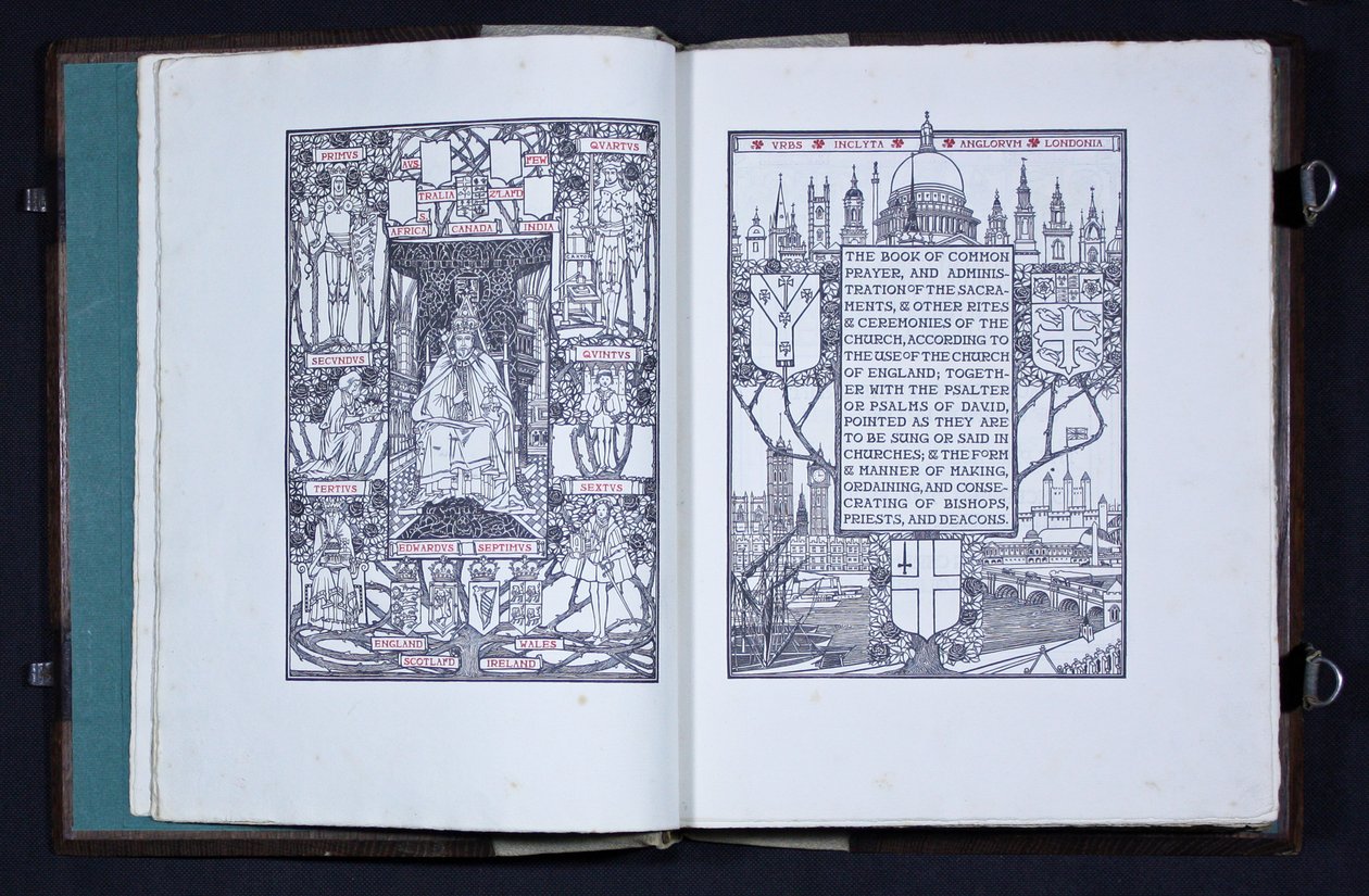 Titulní strana a frontispis z ‚Modlitební knihy Edwarda VII‘, vydané nakladatelstvím Essex House Press od Charles Robert Ashbee