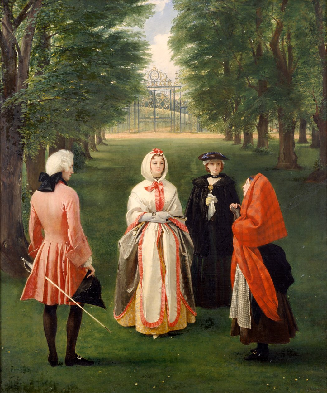 Jeanie Deans rukoilee kuningatar Carolinea Argyllin herttuan ja Lady Suffolkin läsnä ollessa (öljy kankaalle) od Charles Robert Leslie