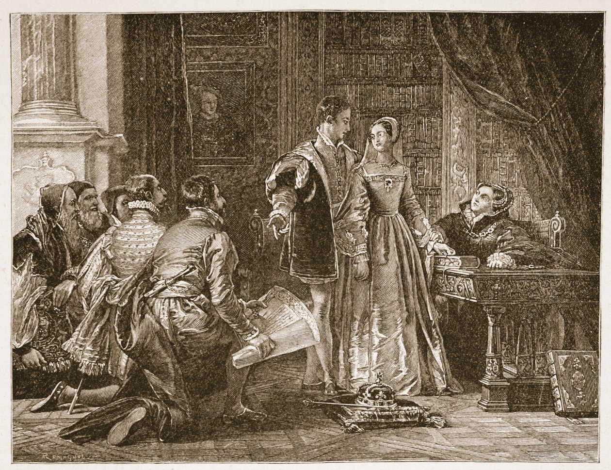Neochota lady Jane Greyové přijmout korunu, Sion House, 8. července 1553, ilustrace z knihy "The Church of England: A History for the People" od H.D.M. Spence-Jonese, vyd. cca 1910 (sépiová fotografie). od Charles Robert Leslie