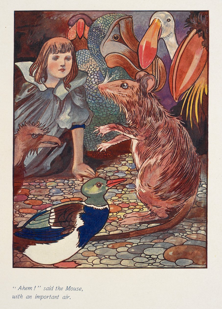 "Ehm!" řekla myš s důležitým výrazem.
Alenka s myší a dalšími zvířaty. od Charles Robinson