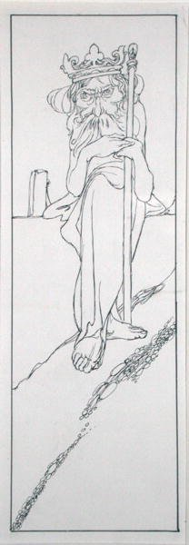 V ruce držel žezlo a na čele měl korunu, ilustrace z knihy The True Annals of Fairyland - The Reign of King Herla, od J. M. Denta, vydané v roce 1900 (pero a inkoust) od Charles Robinson