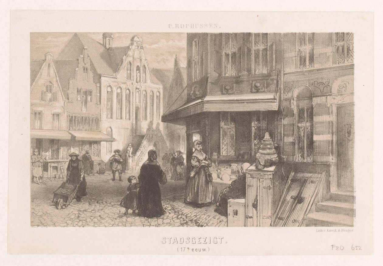 Lidé na ulici Panoráma města (17. století) (název na objektu) od Charles Rochussen