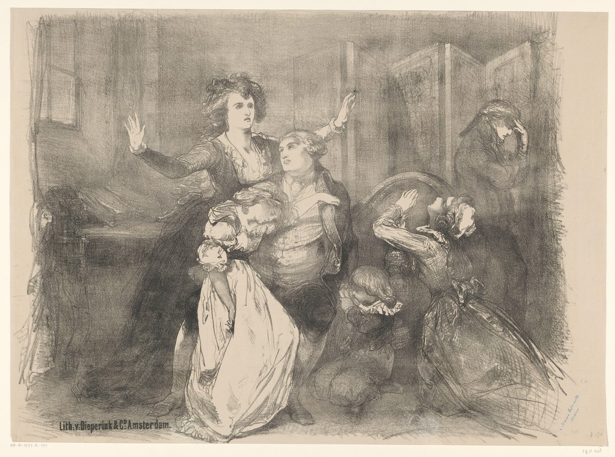 Scéna z divadelního dramatu Marie Antoinetta Oznámení o baletech a hrách hraných v Amsterdam City Theatre (název série) od Charles Rochussen