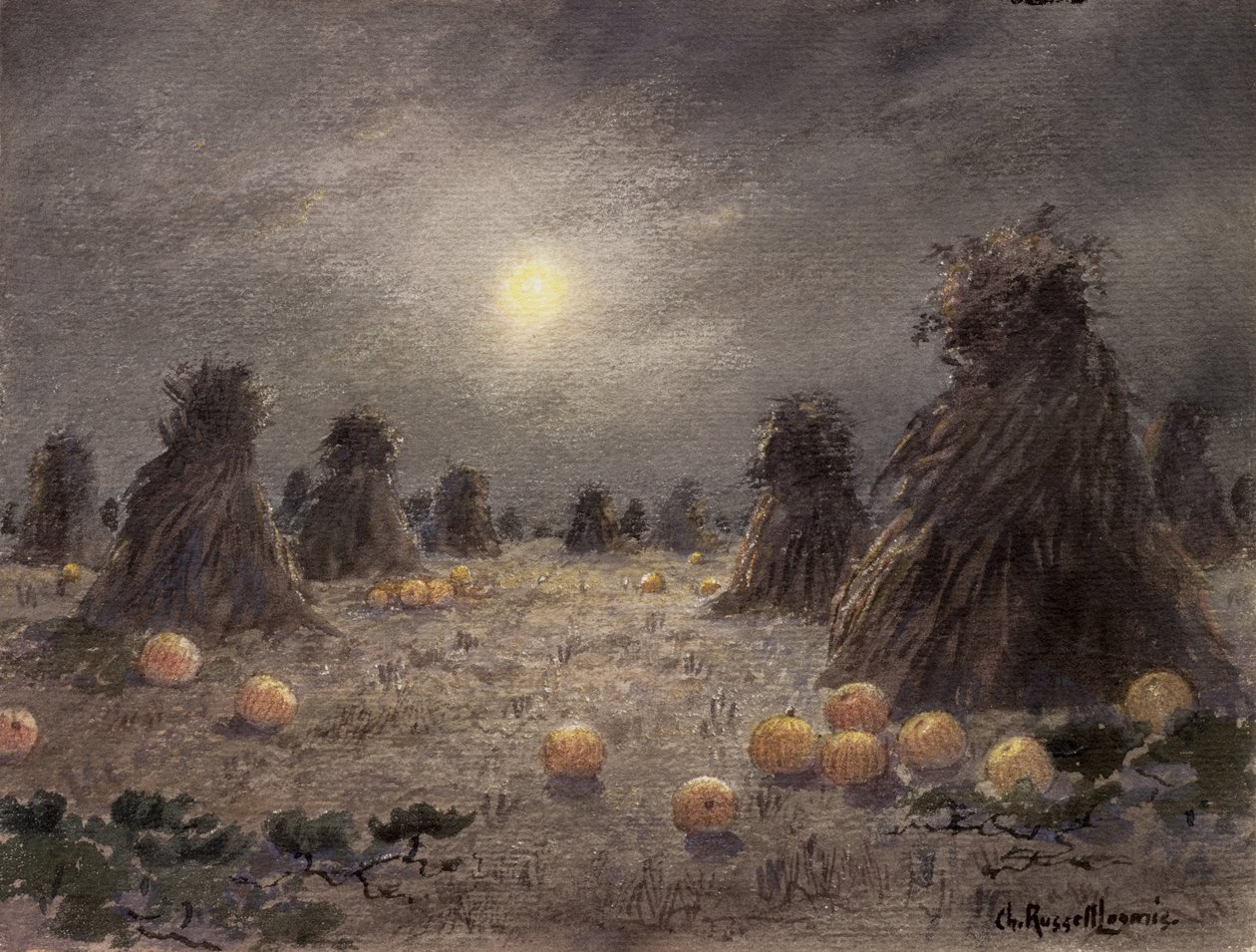 Autumn Harvest by Moonlight (wc na papíře) od Charles Russell Loomis
