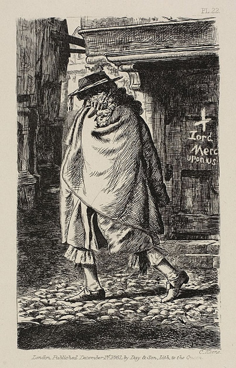 Zahalená postava procházející ulicí (v době moru v Londýně) od Charles Samuel Keene