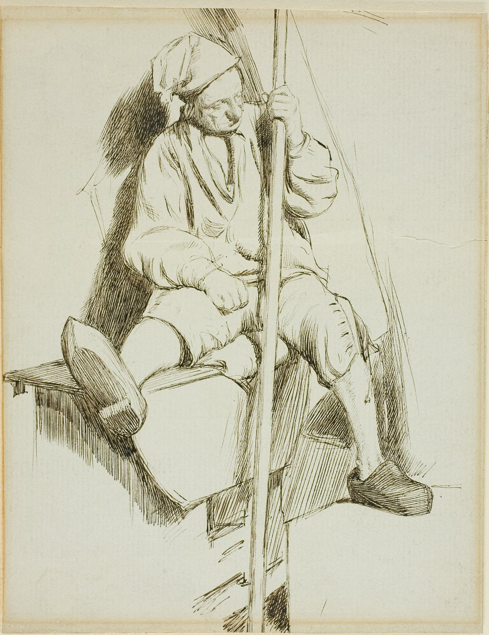 Muž sedící, držící hůl v levé ruce od Charles Samuel Keene