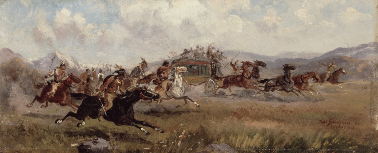 Siouxové útočí na dostavník, 1909 od Charles Schreyvogel