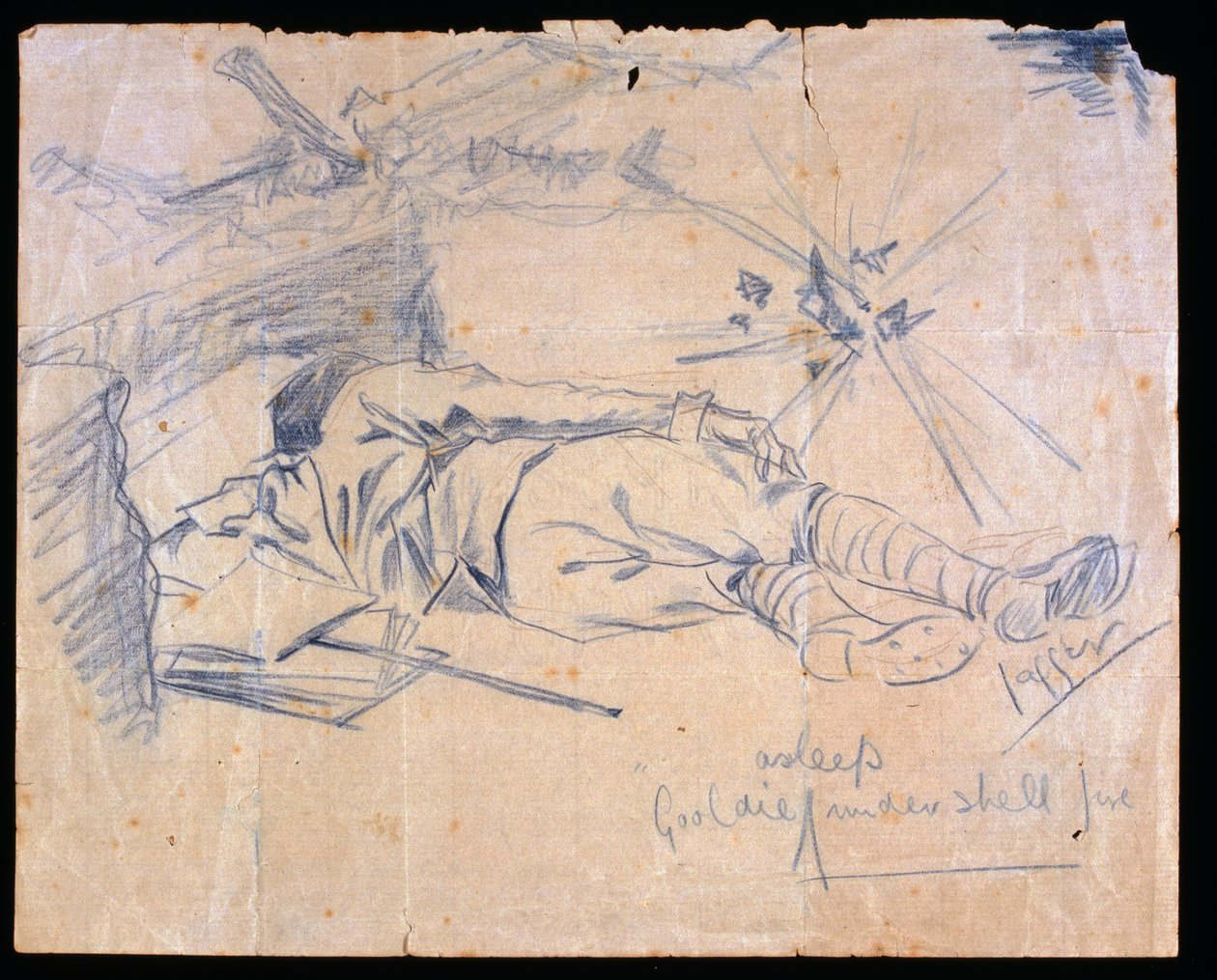 Poručík Leslie Gooldie spí pod palbou granátů, 1915 od Charles Sergeant Jagger