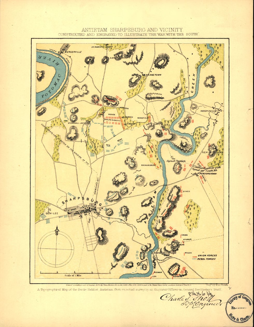 Antietam Sharpsburg a okolí. Vyrobeno a vyryto pro ilustraci "Války s Jihem" LOC 99447381 od Charles Sholl