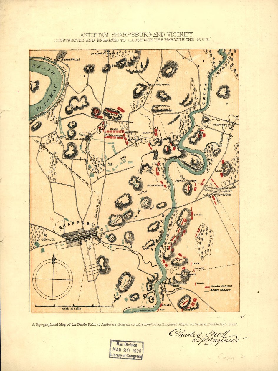 Antietam Sharpsburg a okolí. Vyrobeno a vyryto pro ilustraci "Války s Jihem" LOC 99466713 od Charles Sholl