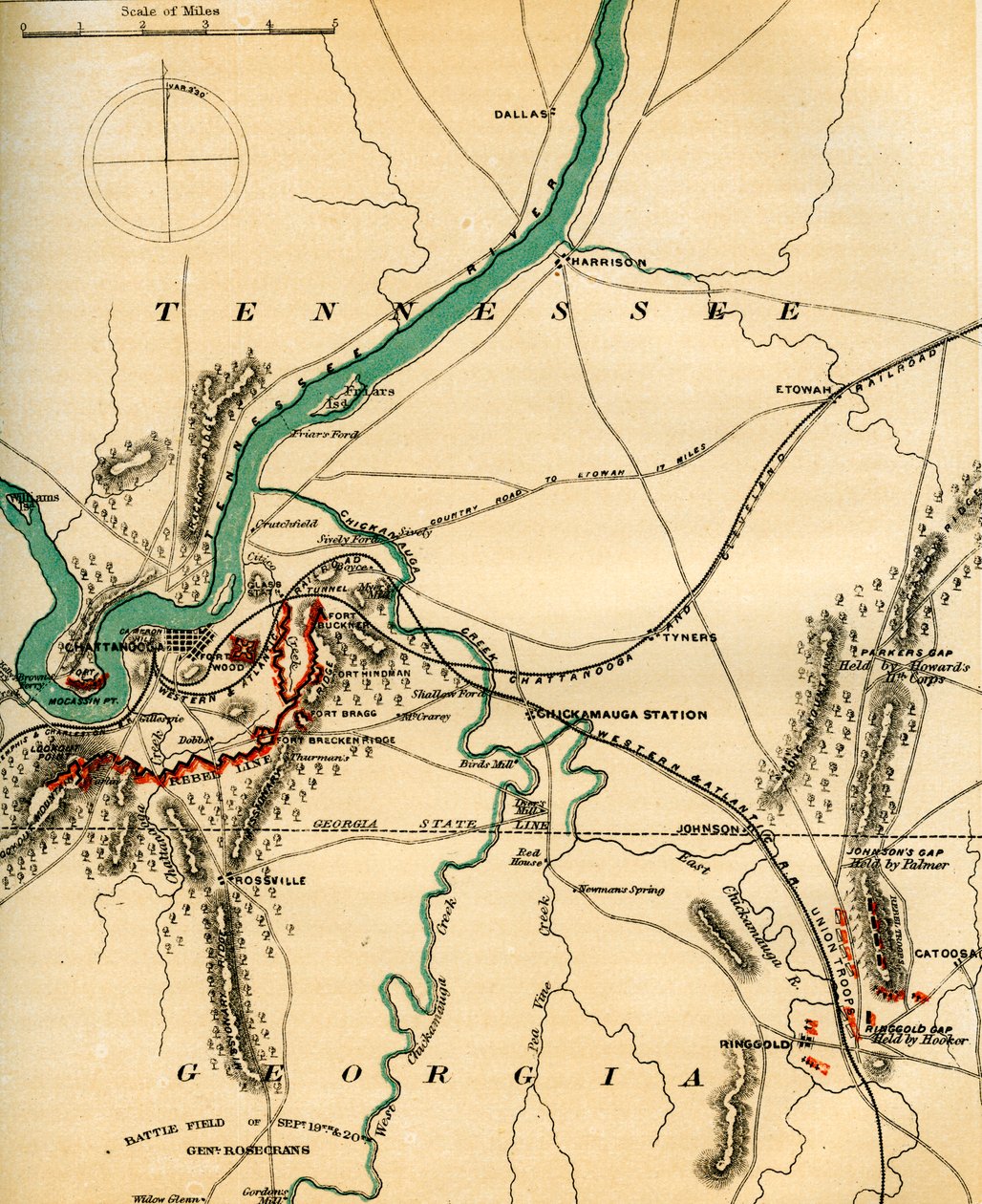 Mapa Chattanooga a její obrany, Tennessee, 1862-1867. od Charles Sholl
