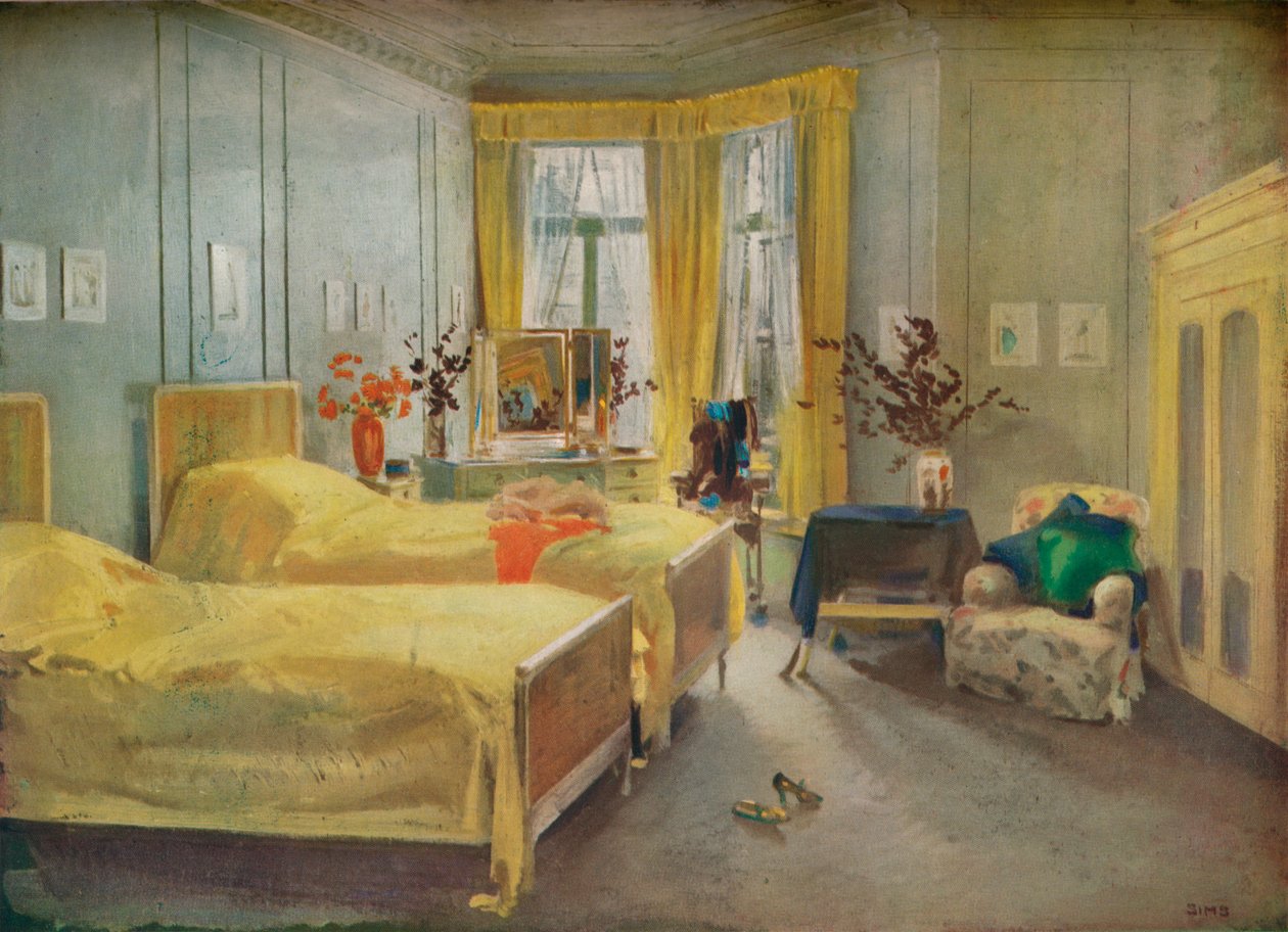 Interiérová scéna: ložnice navržená Mme. Gloria Silva v hotelu Metropole, Londýn, 1922 od Charles Sims