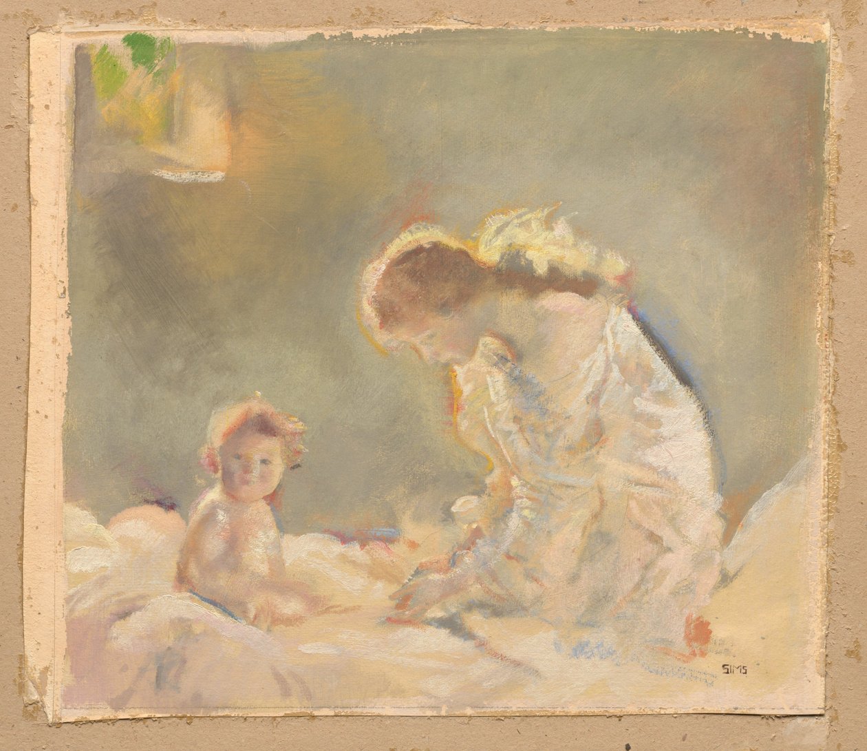 Uctívání dítěte, asi 1926 (olej na papíře nad grafitem) od Charles Sims