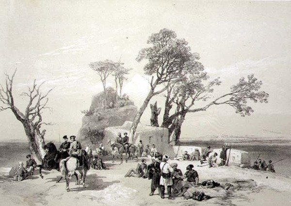 Panjab: Předsunutá základna Rhodawala Okupovaná Brity Piquety dne 10. února 1845, deska 8 z „Recollections of India“, vyrytá Jamesem Duffieldem Hardingem (1798-1863) 1847 (litho) od Charles Stewart (after) Hardinge