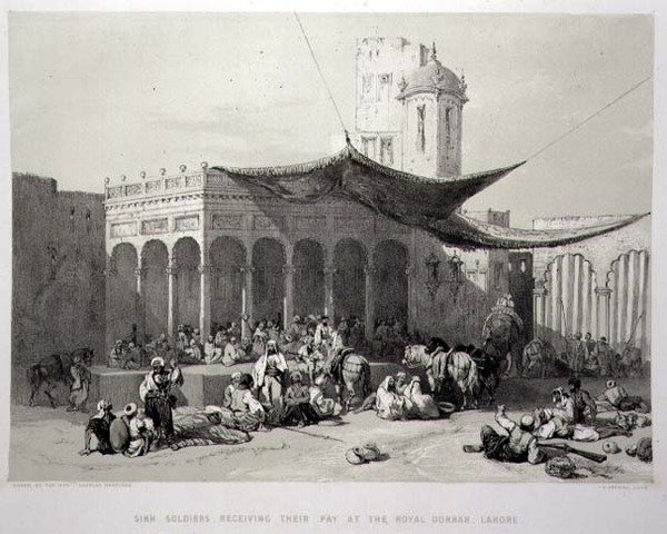 Panjab: Sikh Soldiers Receiving their Pay at Royal Durbar, Lahore, plate 12 from „Recollections of India“, vyrytý Jamesem Duffieldem Hardingem (1798-1863) 1847 (litho) od Charles Stewart (after) Hardinge