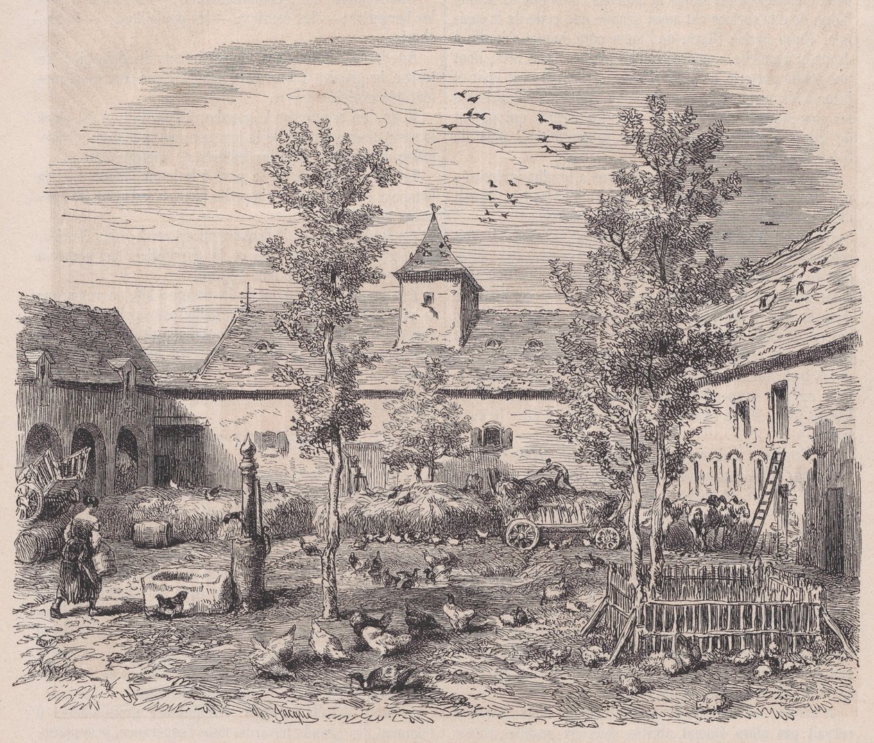 Vnitřní pohled na farmu, z Le Magasin Pittoresque, ca. 1852. od Charles Tamisier