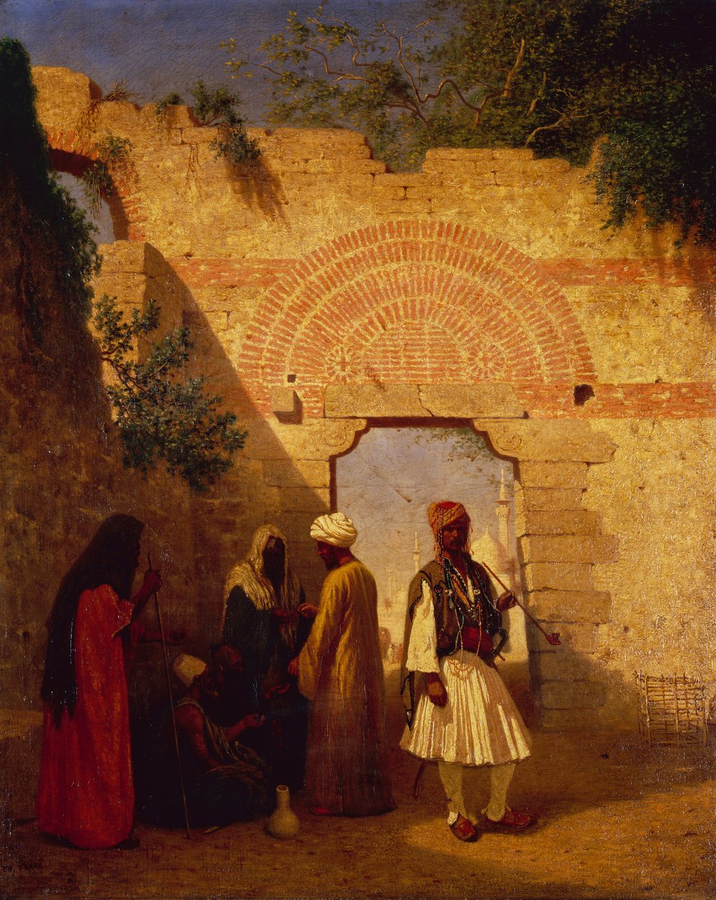 Arabové před bránou, Damašek, Sýrie (olej na plátně) od Charles Theodore  Frere