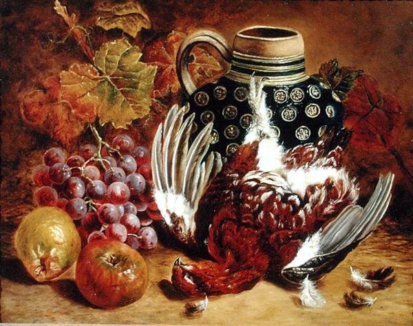 Zátiší z hroznů, jablek, tetřeva a modrého džbánu (olej na plátně) od Charles Thomas Bale