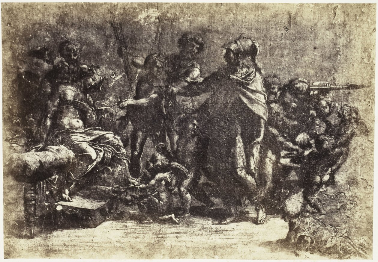Fotoreprodukce kresby Raphaela, scéna s vojáky, nahou ženou a andělem od Charles Thurston Thompson