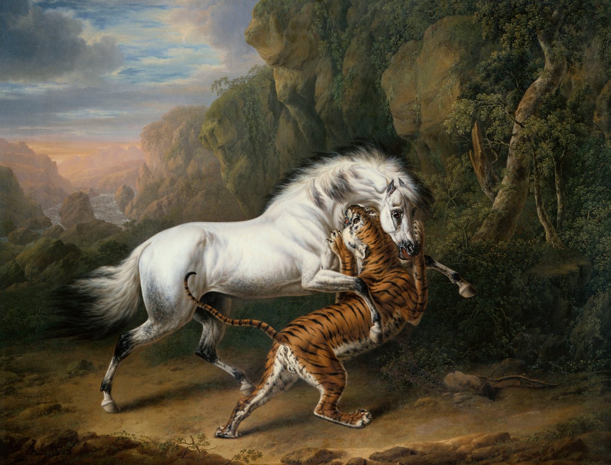 Tygr útočící na arabského hřebce, 1824 od Charles Towne